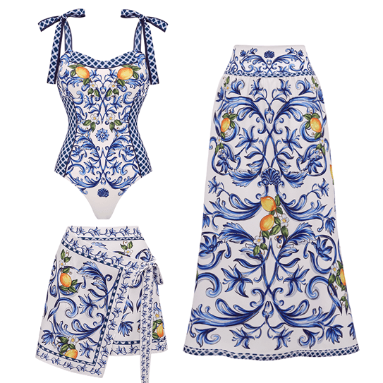 Plus Size Bowknot Shoulder Lemon Printed Swimsuit Set(s)
