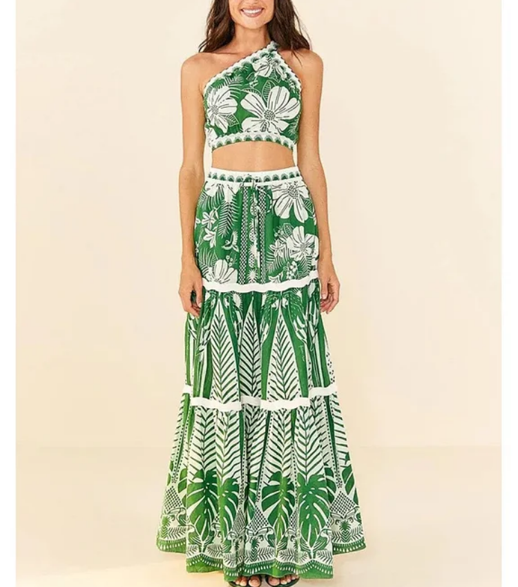 Plus Size One Shoulder Green Flower Printed Bikini Swimsuit and Skirt