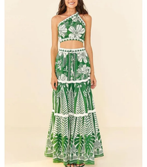 Plus Size One Shoulder Green Flower Printed Bikini Swimsuit and Skirt