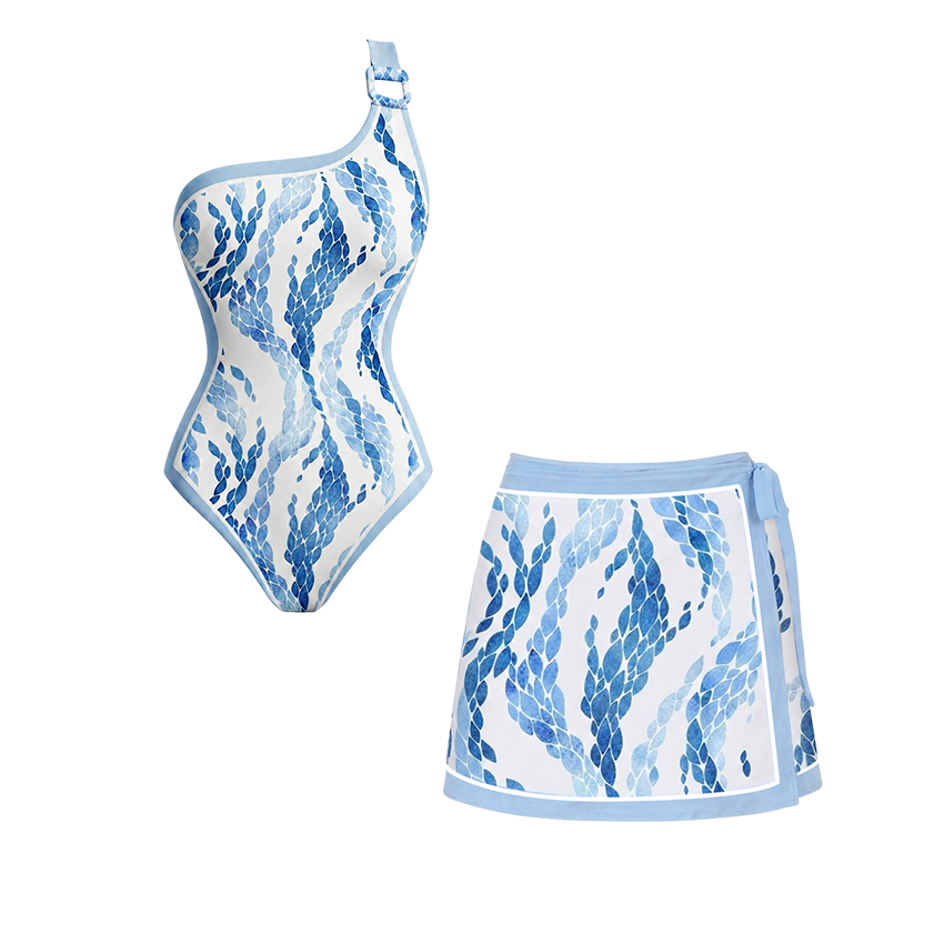 One Shoulder Leaves Print Swimsuit Set(s)