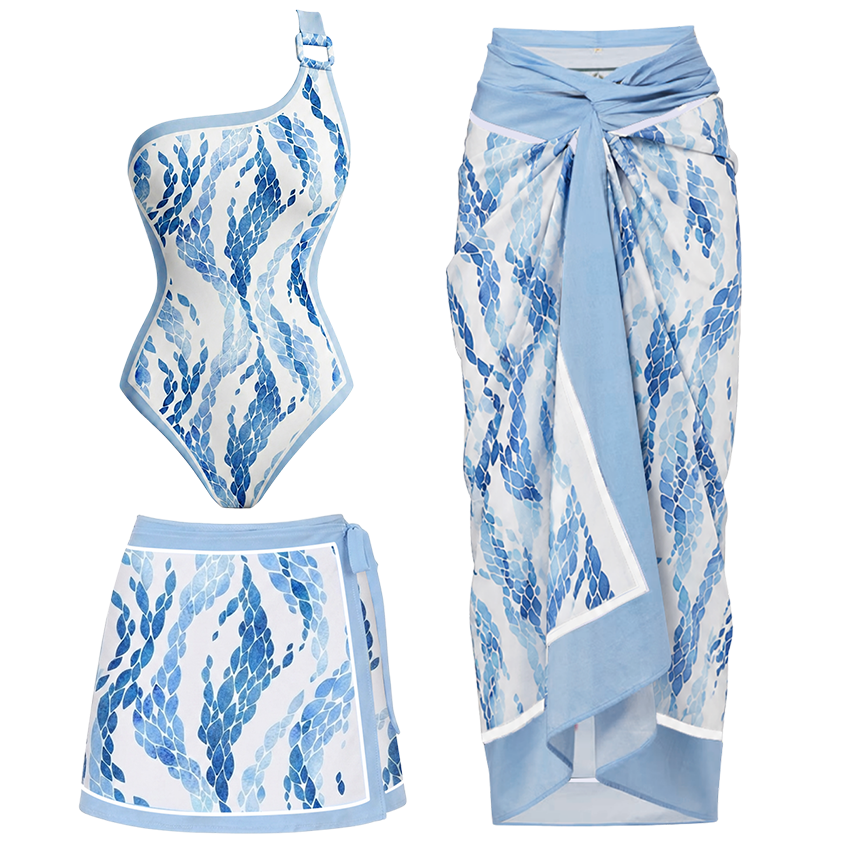 One Shoulder Leaves Print Swimsuit Set(s)