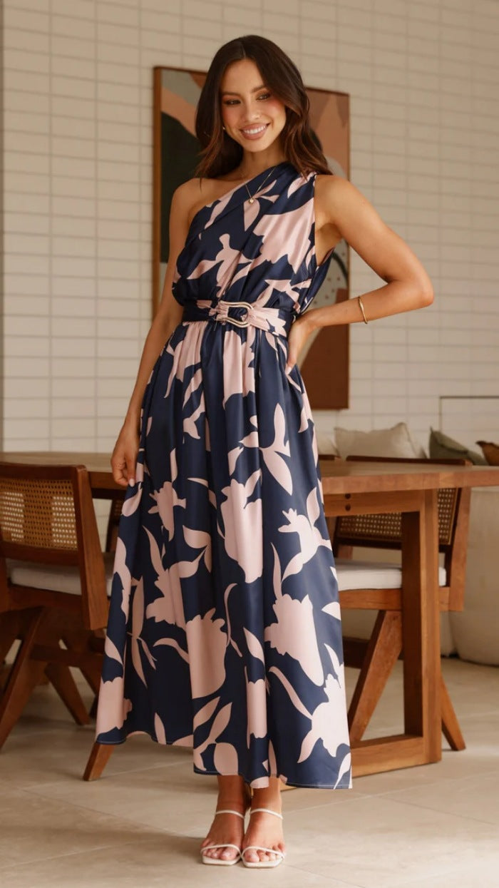 Oblique Shoulder Printed Dress