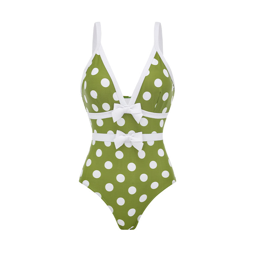 V Neck Bowknot Polka Dot Print Swimsuit Set(s)