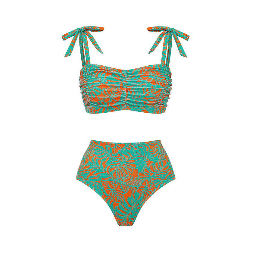 Bandage Bowknot Design Color Block Printed Swimsuit Set(s)