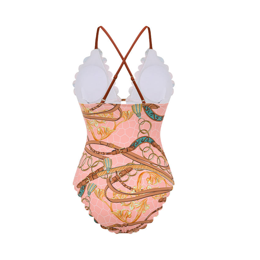 V Neck Lace Printed Swimsuit Set(s)