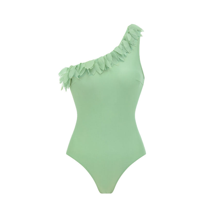 Oblique Shoulder 3D Petals Solid Color Swimsuit Set(s)