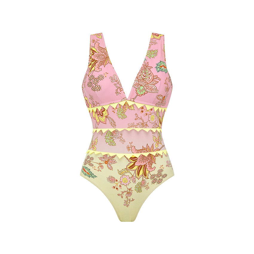 V Neck Color Block Printed Swimsuit Set(s)
