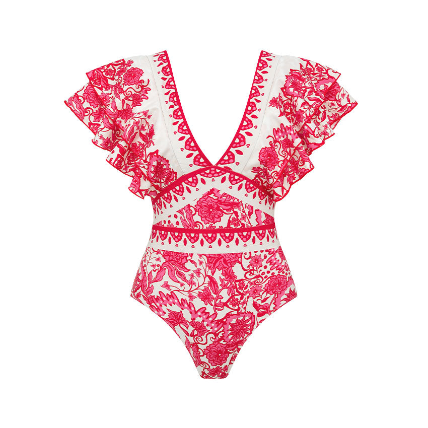 V Neck Ruffle Printed Swimsuit Set(s)