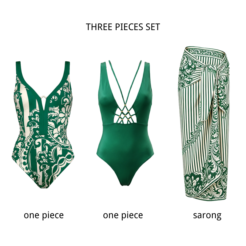 V-neck Green Print Swimsuit set(s)