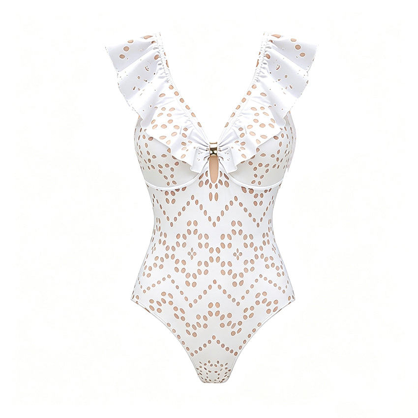 V Neck White Laser Cutting Flower Cut Out Swimsuit Set(s)