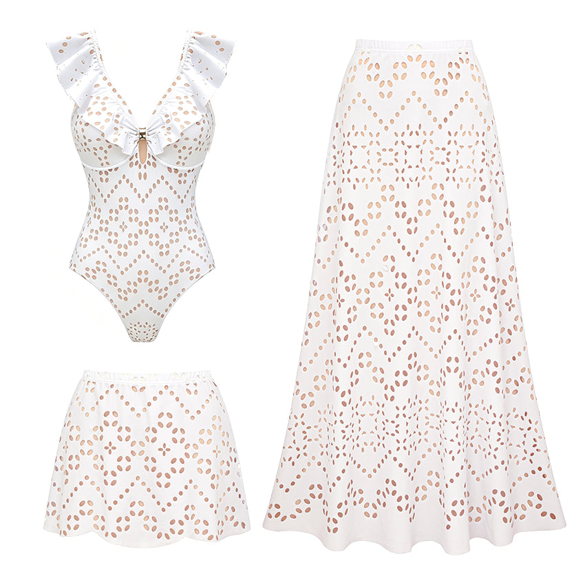 V Neck White Laser Cutting Flower Cut Out Swimsuit Set(s)