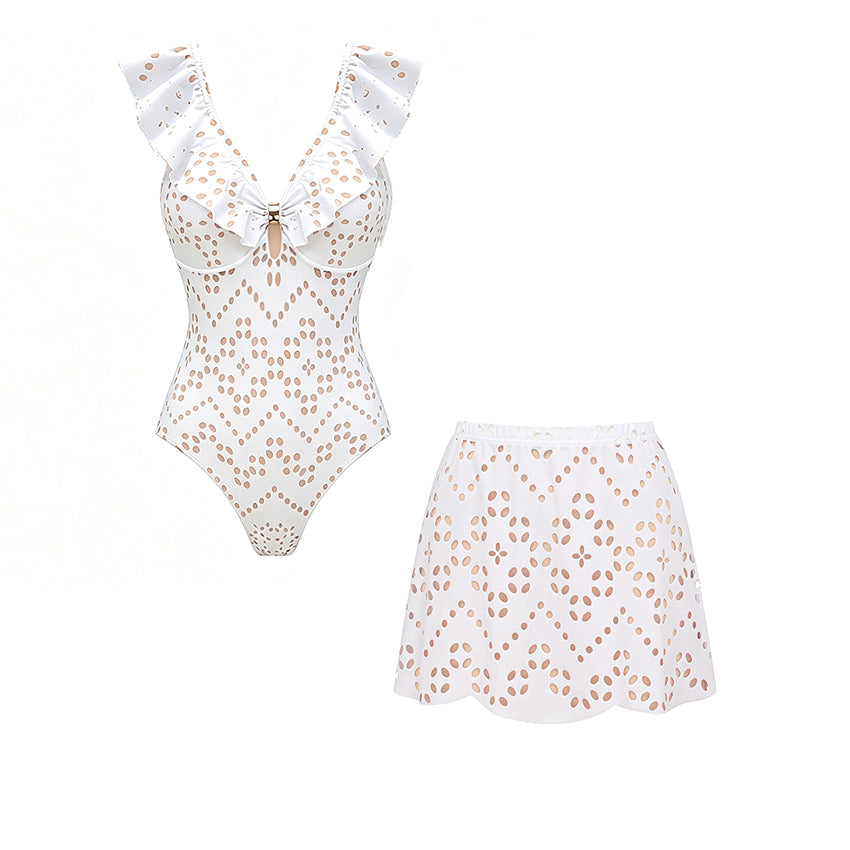 V Neck White Laser Cutting Flower Cut Out Swimsuit Set(s)