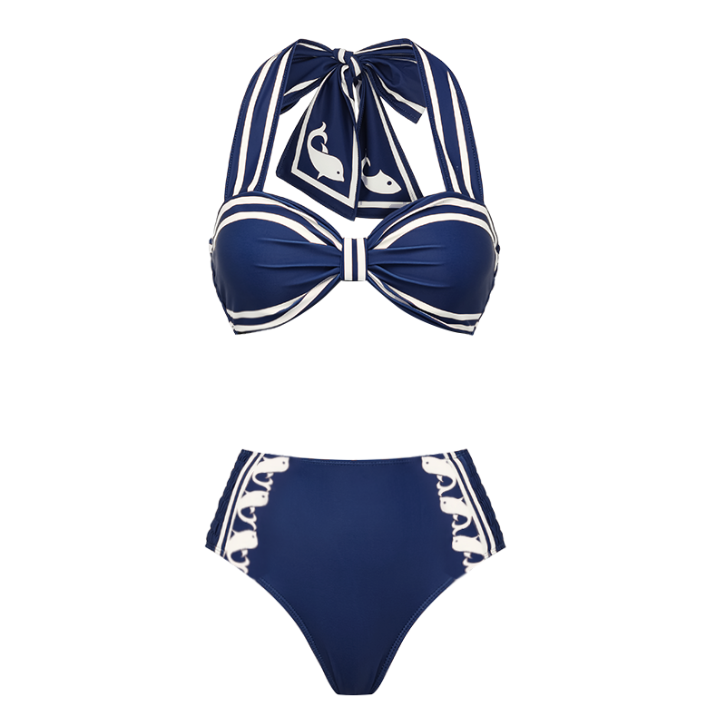 Navy Style Printed Bow Tie Decor Bikini Swimsuit and Skirt