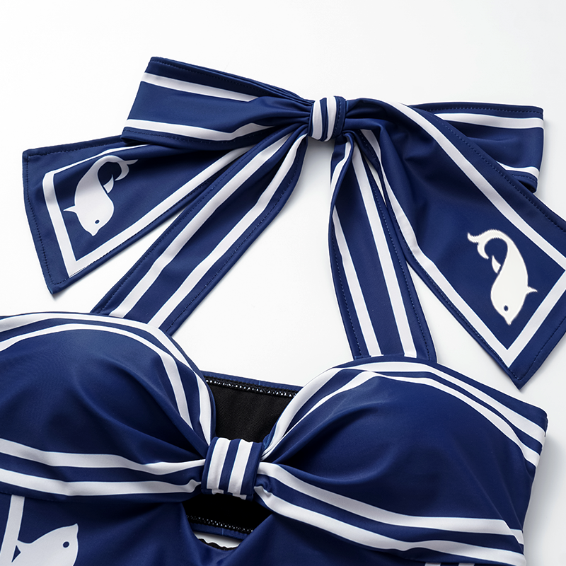 Navy Style Printed Bow Tie Decor One Piece Swimsuit and Skirt