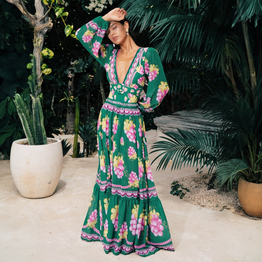 Plus Size Long-sleeved Retro Green Grapes Print One Piece Swimsuit and Skirt
