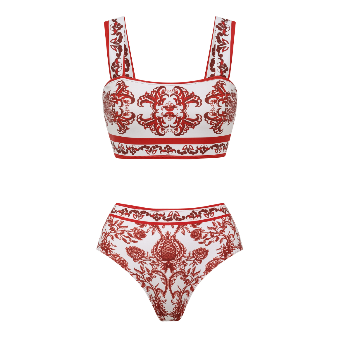 Plus Size Red Flower Totem Pattern Print Bikini and Skirt