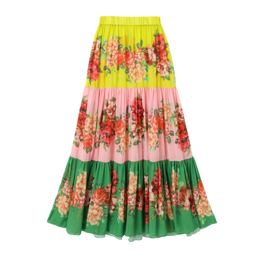 Ruffled Blooming Flower Print One Piece Swimsuit and Skirt Flaxmaker