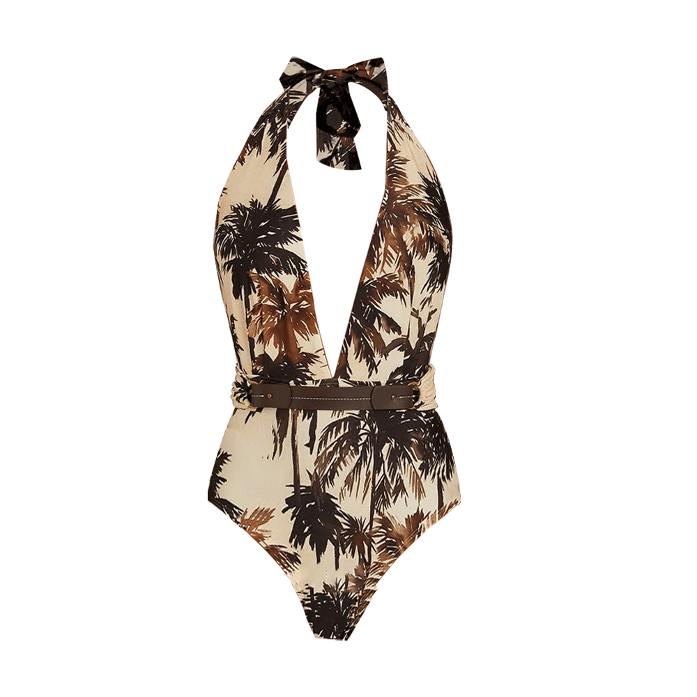 Plus Size V Neck Coconut Palm Print One Piece Swimsuit and Skirt