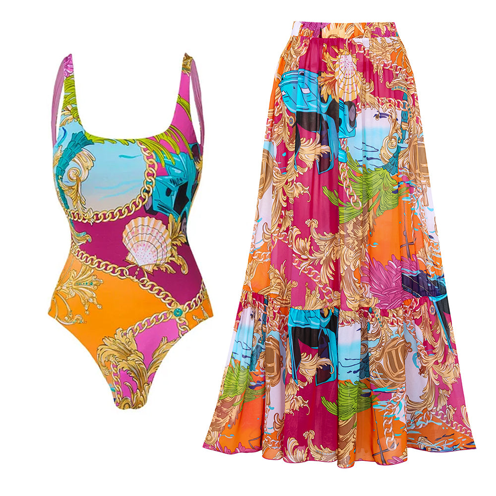 Plus Size Round Neck Shell Print One Piece Swimsuit and Sarong or Skirt