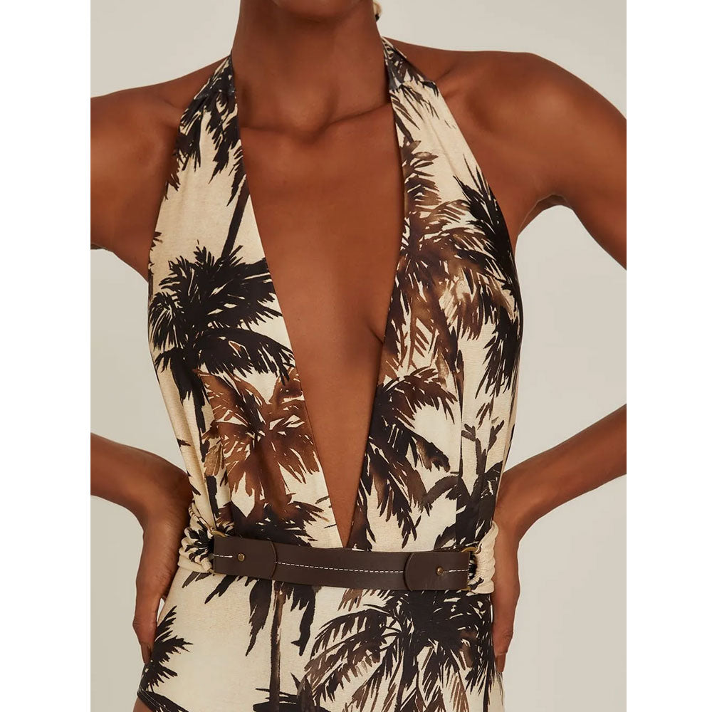 Plus Size V Neck Coconut Palm Print One Piece Swimsuit and Skirt