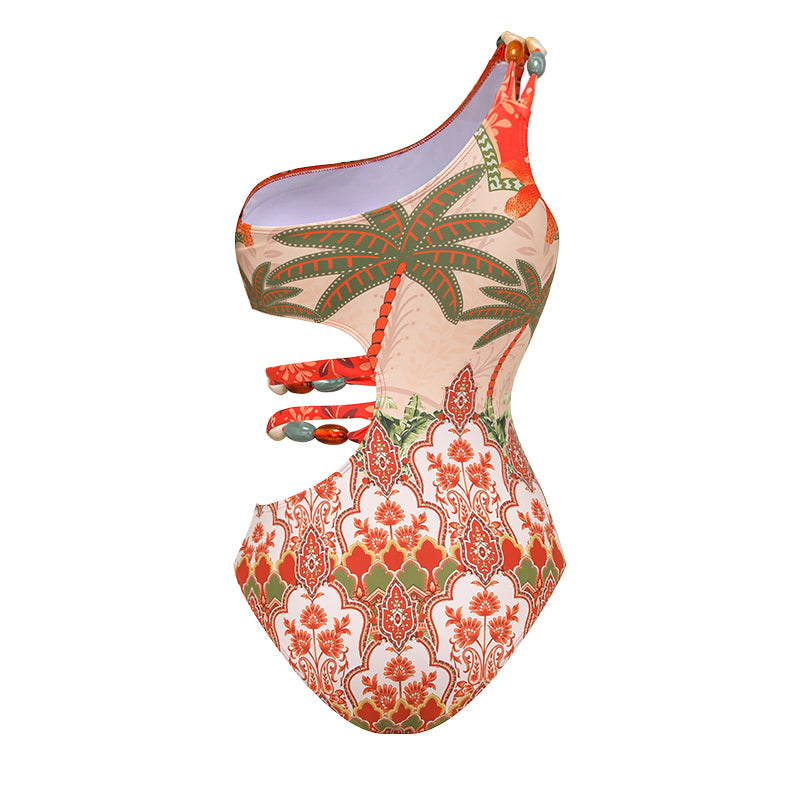 Beaded Cutout One Shoulder Coconut Palm Print One Piece Swimsuit and Skirt