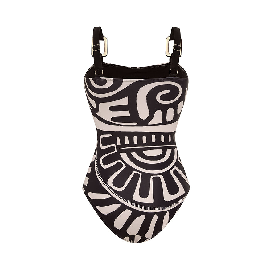 Plus Size Adjustable Shoulder Straps Black Tribal Print Swimsuit Set(s)