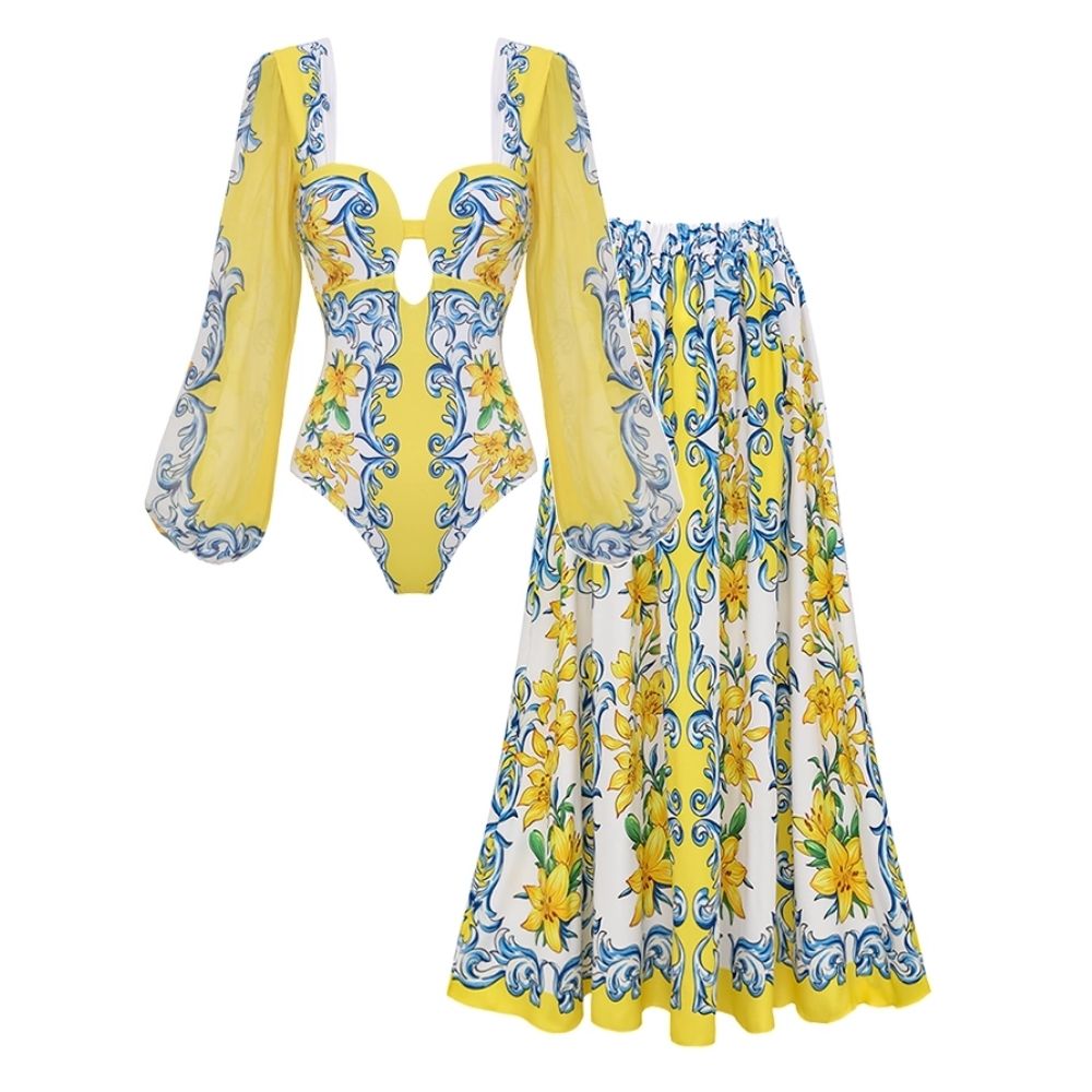 Plus Size Printed Sicily Long Sleeved One Piece Swimsuit and Skirt