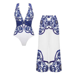 V Neck Classic Majolica Series Pattern Print One Piece Swimsuit and Pants or Shorts