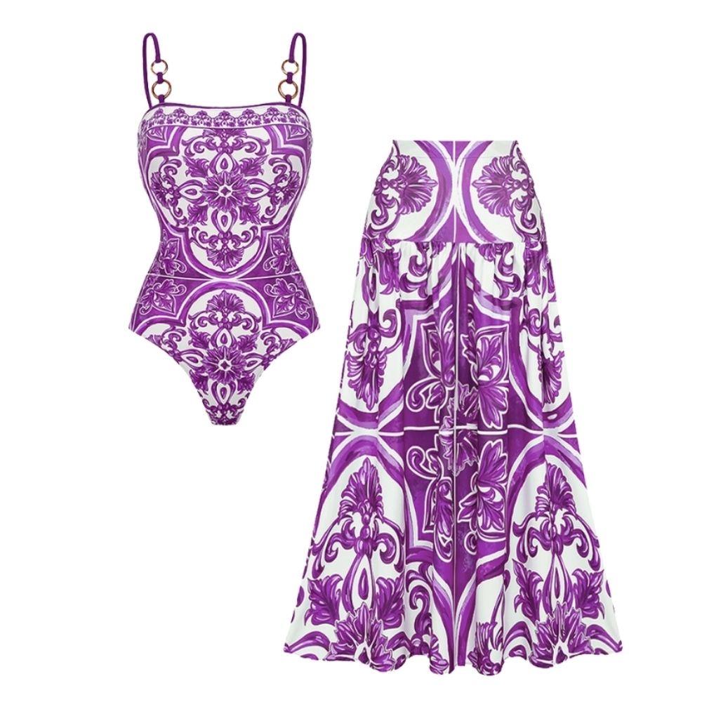 Plus Size Sling Classic Majolica Series Pattern Print One Piece Swimsuit and Skirt or Shorts