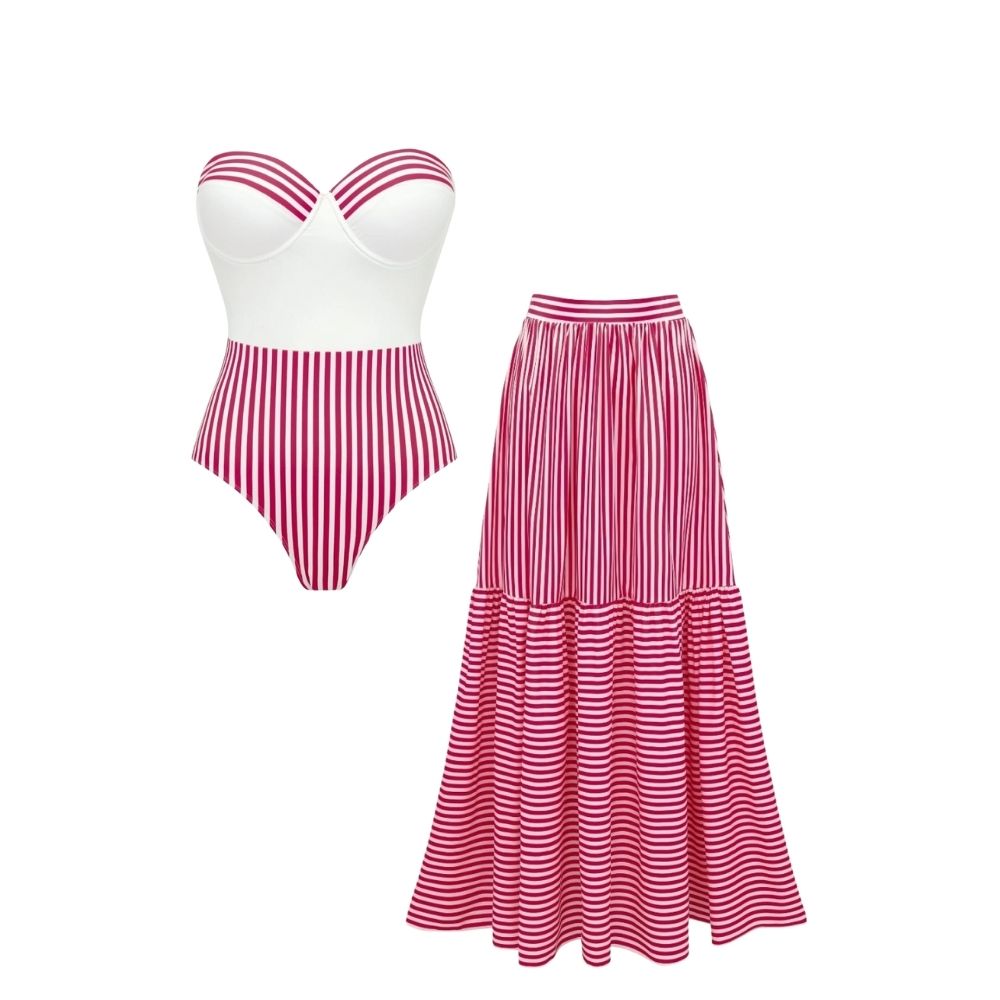 Plus Size Bandeau Striped Print One Piece Swimsuit and Skirt