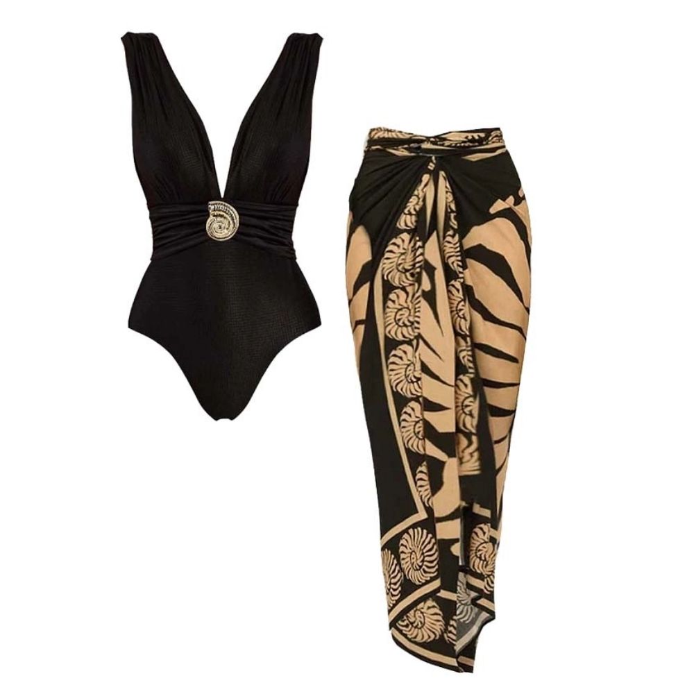 Plus Size Black V-Neck Conch Decoration One Piece Swimsuit and Sarong
