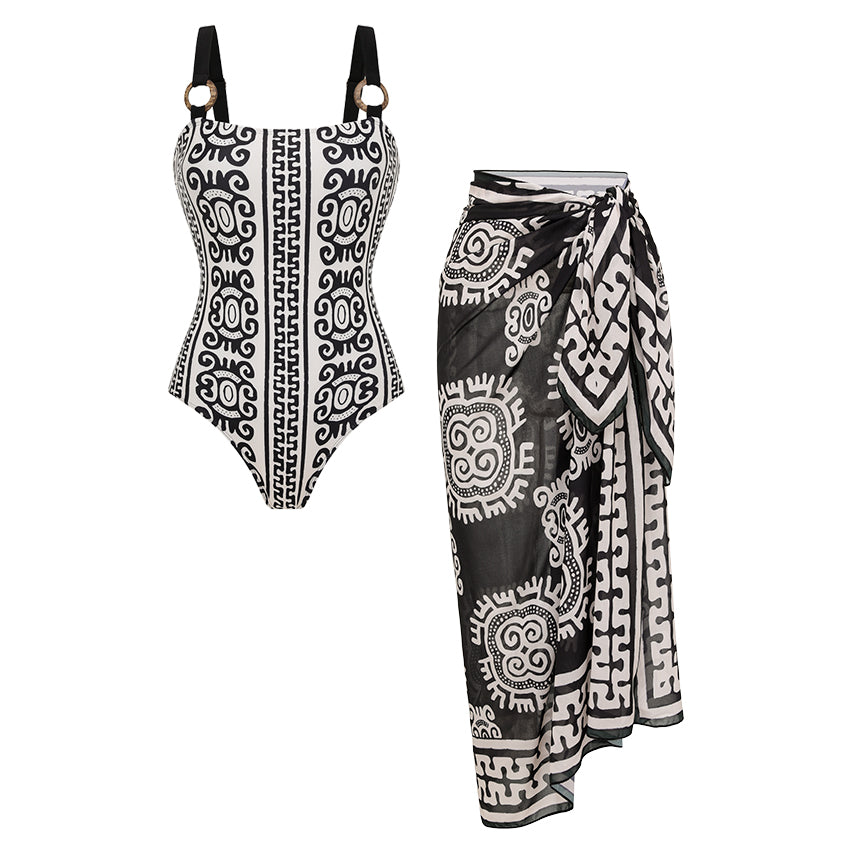 Adjustable Shoulder Straps Black Print Swimsuit Set(s)