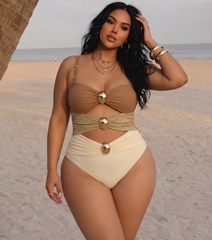 Plus Size Color Block Cutout One Piece Swimsuit and Sarong