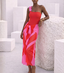Plus Size One Shoulder Color Block One Piece Swimsuit and Sarong
