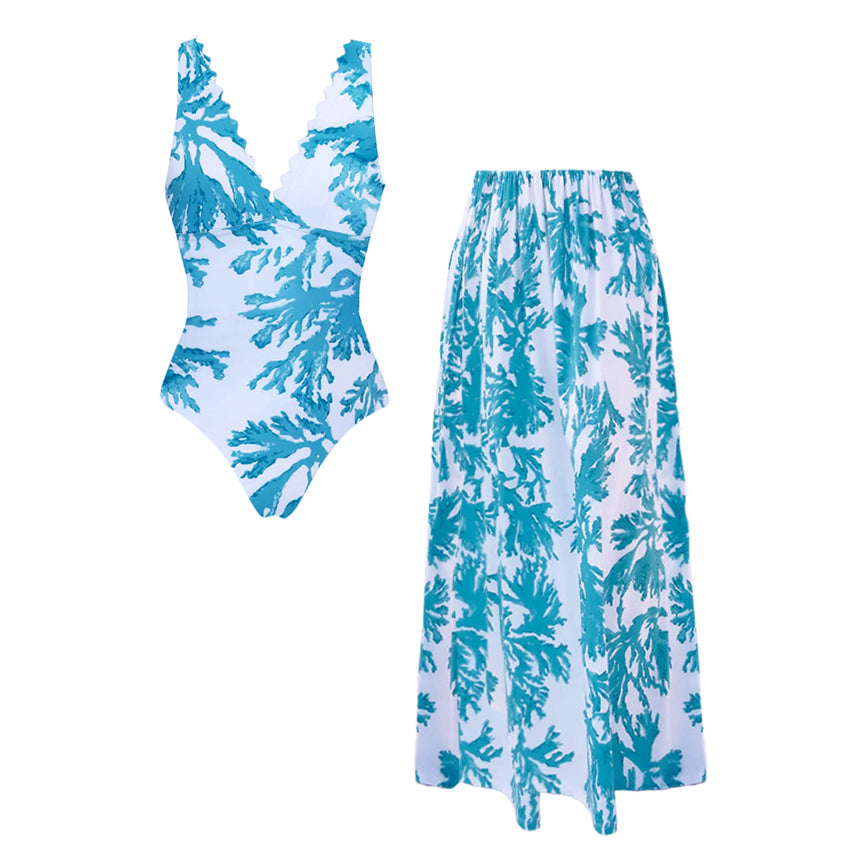 V Neck Blue Coral Print Swimsuit Set(s)