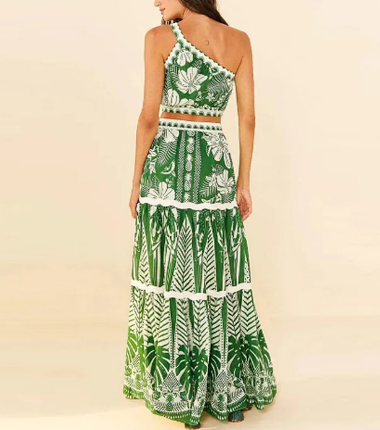 Plus Size One Shoulder Green Flower Printed Bikini Swimsuit and Skirt