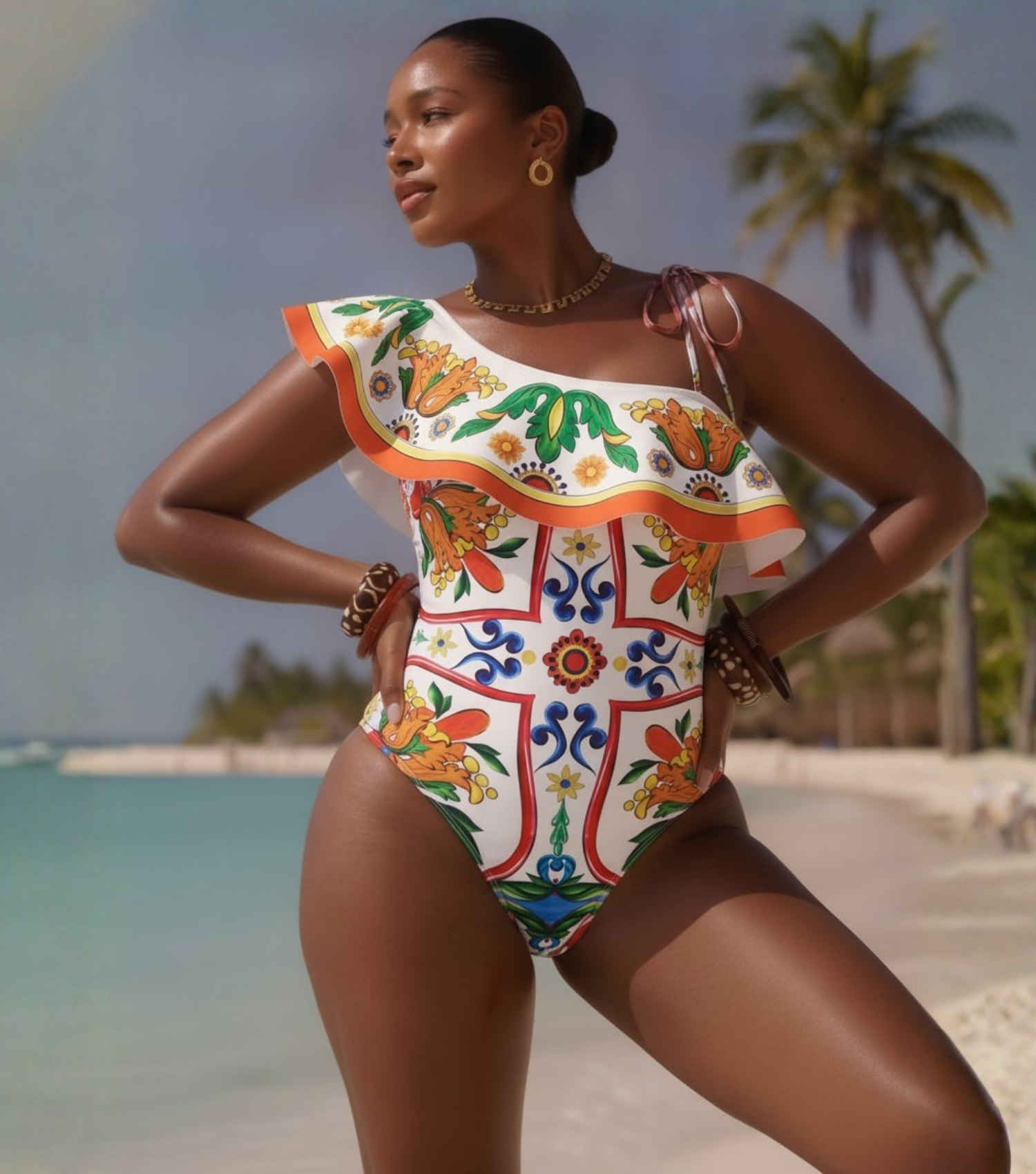 Plus Size One Shoulder Ruffle Paisley-print One Piece Swimsuit and Sarong or Pants