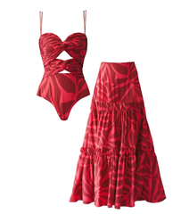 Plus Size Printed One Piece Swimsuit and Skirt