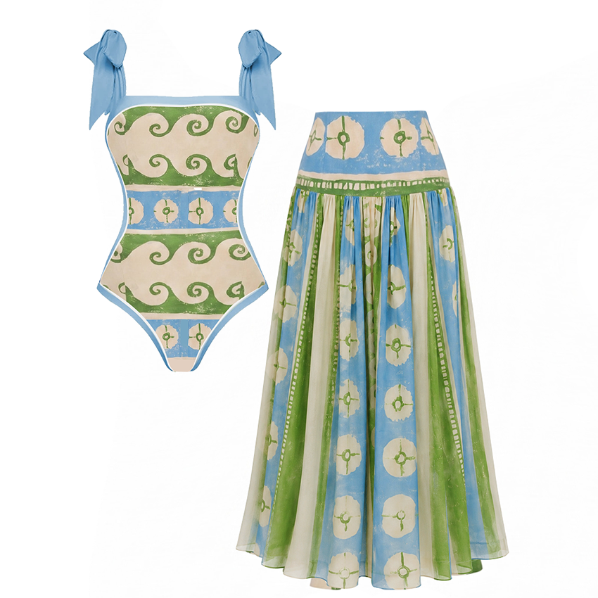 Plus Size Adjustable Shoulder Straps Printed Swimsuit Set(s)