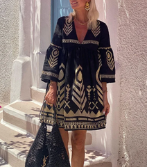Vacation Printed Bell Sleeve Mini Dress