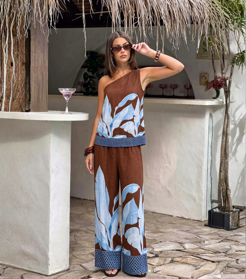 Brown Base Blue Leaf One-Shoulder Pant Set
