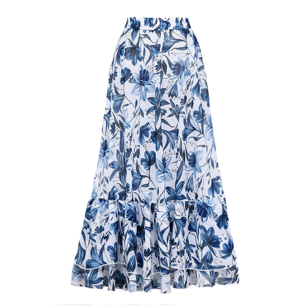 Plus Size V Neck Lace Up Printed One Piece Swimsuit and Skirt