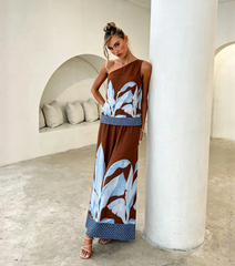 Brown Base Blue Leaf One-Shoulder Pant Set