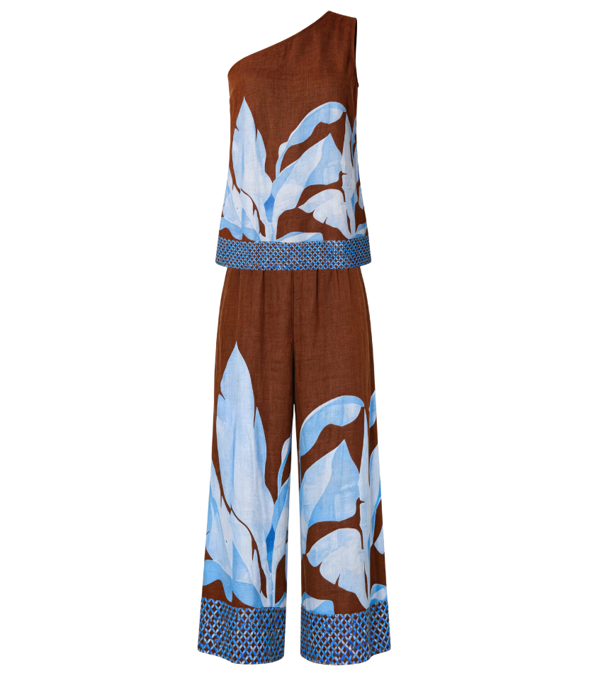 Brown Base Blue Leaf One-Shoulder Pant Set