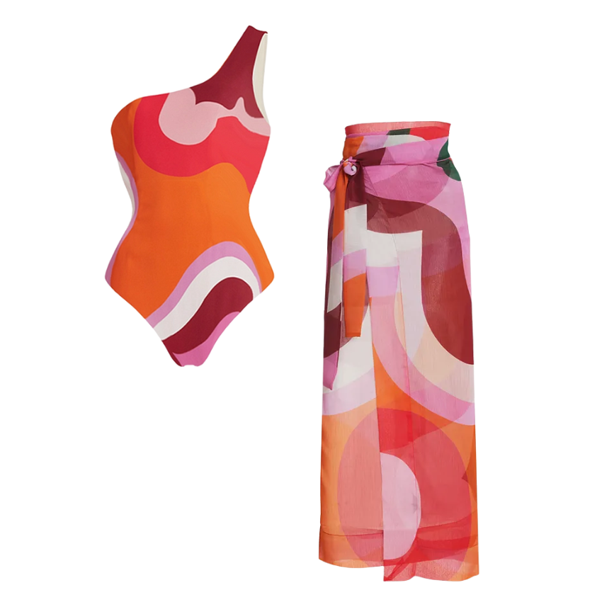 Plus Size Color Block One Piece Swimsuit and Sarong Flaxmaker