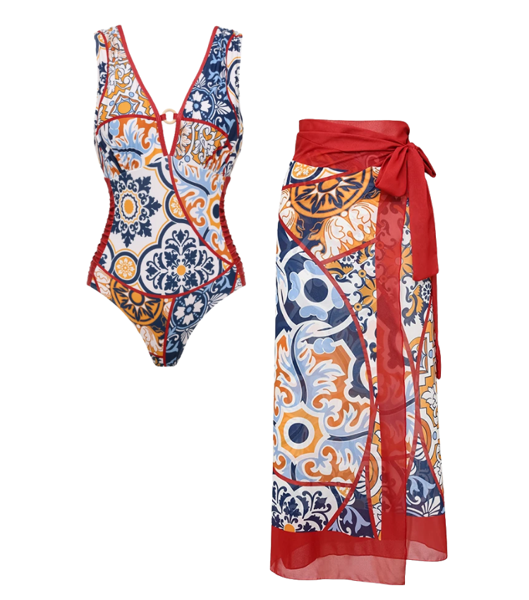 Plus Size V Nack Printed One Piece Swimsuit and Sarong Flaxmaker