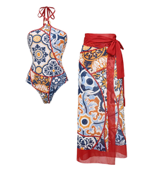 Plus Size Printed Halter One Piece Swimsuit and Sarong Flaxmaker