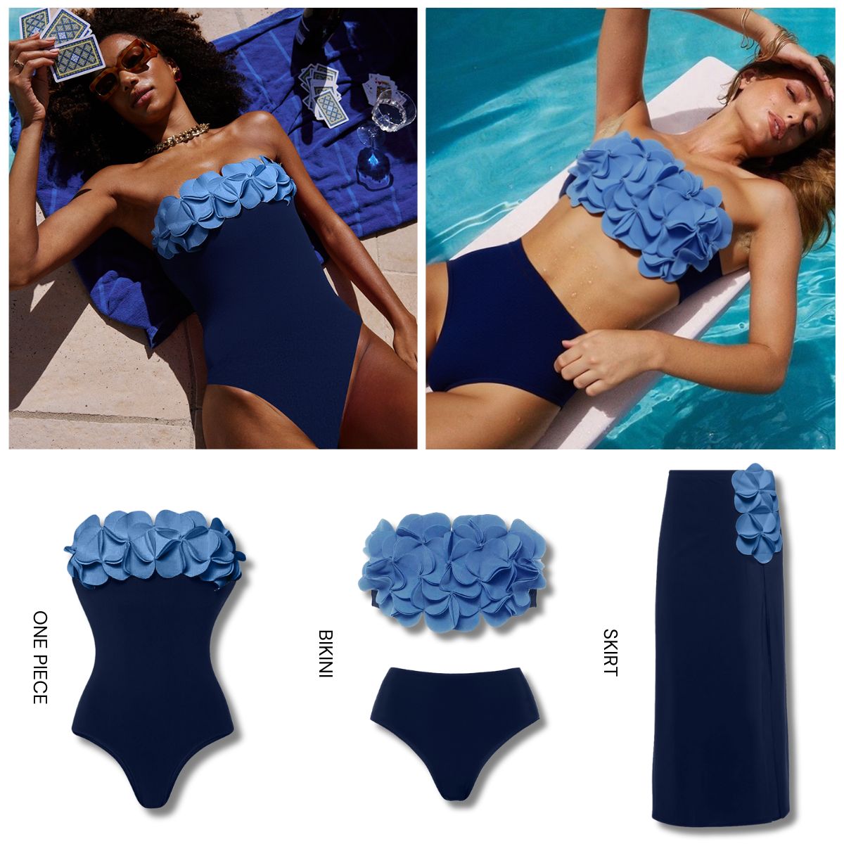 Plus Size Bandeau 3D Flower One Piece Swimsuit and Skirt