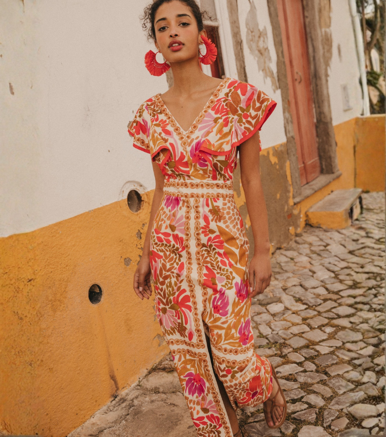 V Neck Retro Printed Backless Dress