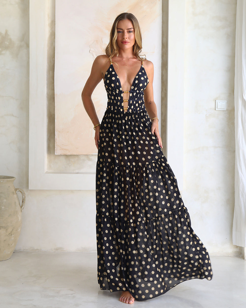 Plus Size Black and Gold Polka Dots V-neck One Piece Swimsuit and Skirt